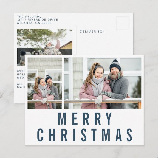 Navy Blue Typografie Merry kerstfoto Collage Briefkaart (Voorkant / Achterkant)