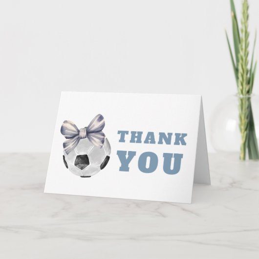 Navy Blue Typography Bow Soccer Boy Baby Shower Bedankkaart (Voorkant)