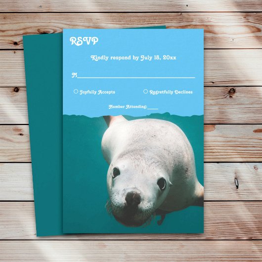 Navy Blue Underwater Aqua Zee Lion Coastal Wedding RSVP Kaartje