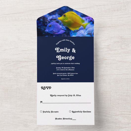 Navy Blue Underwater Zee Fish Nautical bruiloft All In One Uitnodiging (Binnen)