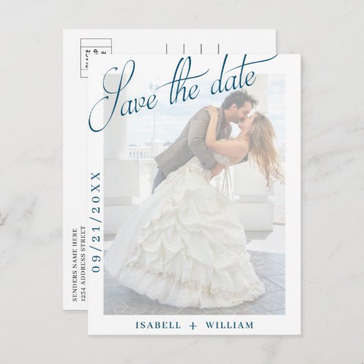 Navy Blue Vellum Photo Weddenschap Save the Date Aankondigingskaart (Voorkant / Achterkant)