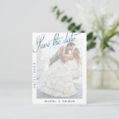 Navy Blue Vellum Photo Weddenschap Save the Date Aankondigingskaart (Staand voorkant)