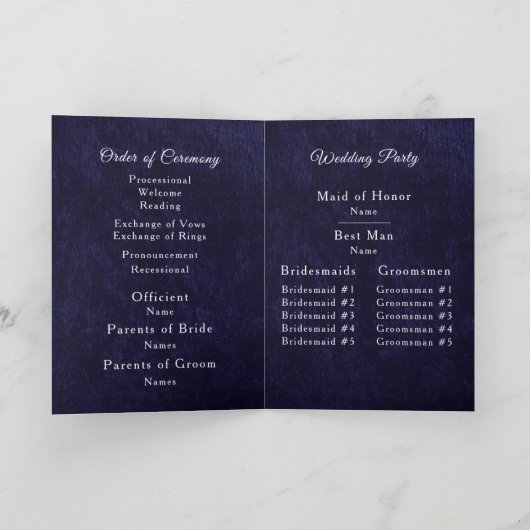 Navy Blue Velvet White Folded Wedding Program Programma (Binnen)