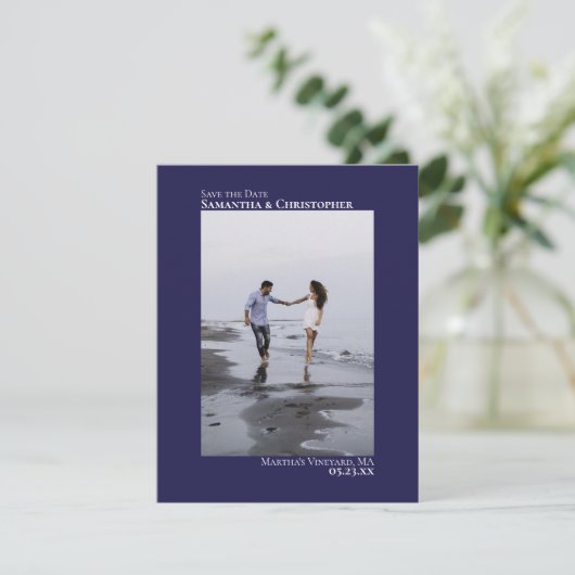 Navy Blue Vertical Photo Modern Minimalist Weddens Save The Date (Staand voorkant)
