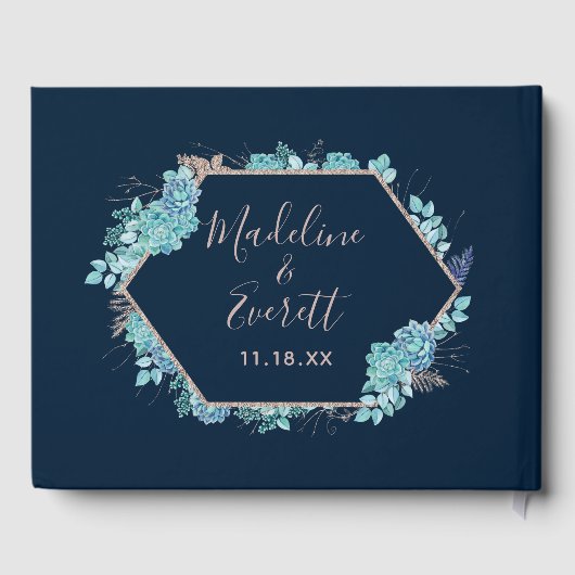 Navy Blue vetplanten & Roos gouden bruiloft monogr Gastenboek (Achterkant)