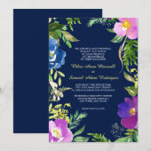 Navy Blue Violet Modern Floral Wedding Kaart (Voorkant / Achterkant)