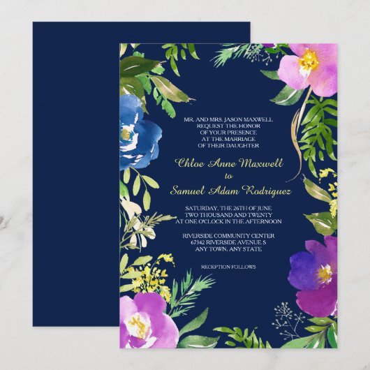 Navy Blue Violet Modern Floral Wedding Kaart (Voorkant / Achterkant)