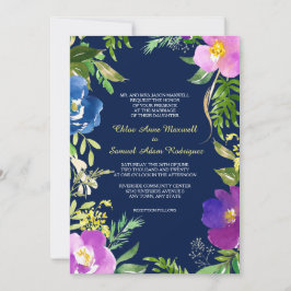 Navy Blue Violet Modern Floral Wedding Kaart