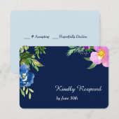 Navy Blue Violet Modern Floral Wedding RSVP (Voorkant / Achterkant)