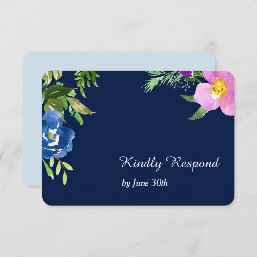 Navy Blue Violet Modern Floral Wedding RSVP (Voorkant / Achterkant)