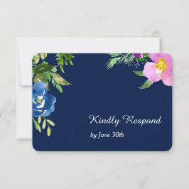 Navy Blue Violet Modern Floral Wedding RSVP Kaartje