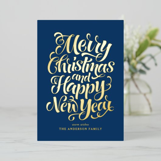 Navy Blue Vrolijk kerstfeest en een gelukkig nieuw Folie Feestdagenkaart (Staand Voorkant)