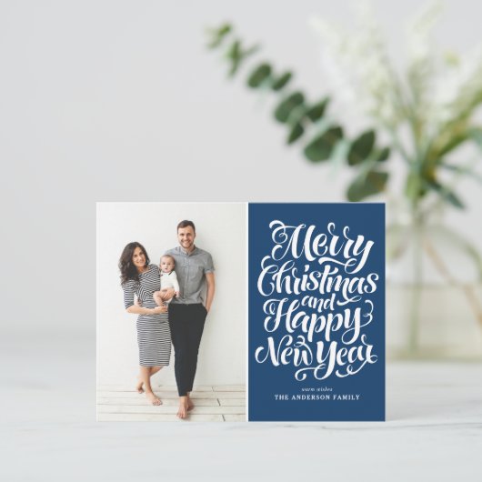 Navy Blue Vrolijk Kerstfeest & Gelukkig Nieuwjaar  Feestdagenkaart (Staand voorkant)