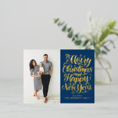 Navy Blue Vrolijk Kerstfeest & Gelukkig Nieuwjaar  Folie Feestdagen Briefkaart (Staand Voorkant)