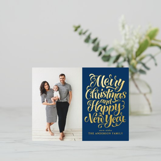 Navy Blue Vrolijk Kerstfeest & Gelukkig Nieuwjaar  Folie Feestdagen Briefkaart (Staand Voorkant)