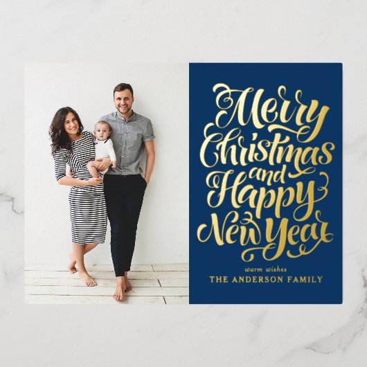 Navy Blue Vrolijk Kerstfeest & Gelukkig Nieuwjaar  Folie Feestdagen Briefkaart (Voorkant)