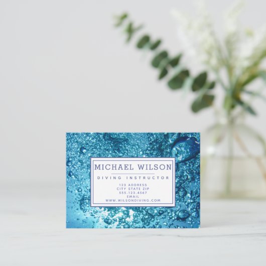Navy Blue Water Bubbles - Scuba Diving Instructor Visitekaartje (Staand voorkant)