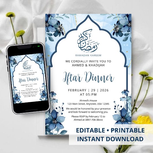 Navy Blue Watercolor Floral Ramadan Iftar Dinner Kaart