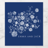 Navy Blue Watercolor Floral Wijn Etiket (Enkel label)