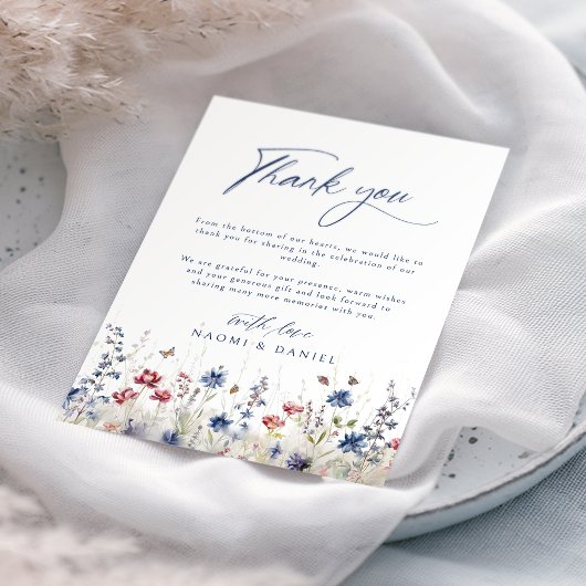 Navy Blue Watercolor Wildflower Field Wedding Bedankkaart