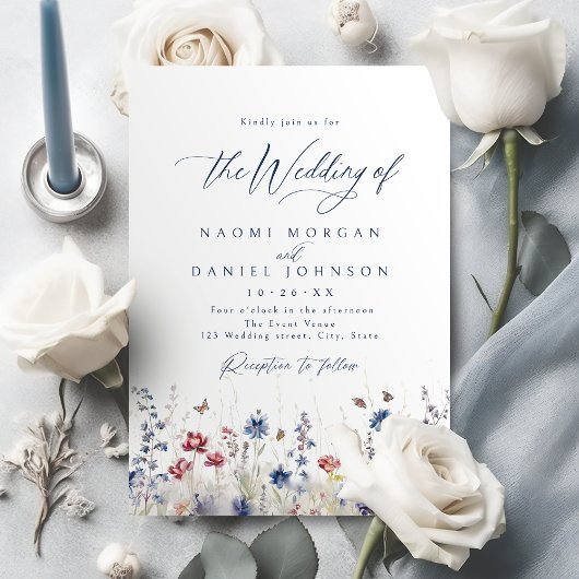 Navy Blue Watercolor Wildflower Field Wedding Kaart