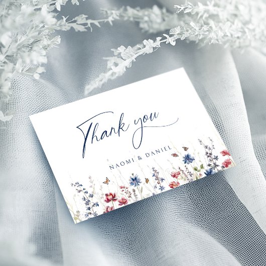 Navy Blue Watercolor Wildflower Rustic Wedding Bedankkaart