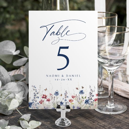 Navy Blue Watercolor Wildflower Rustic Wedding Kaart