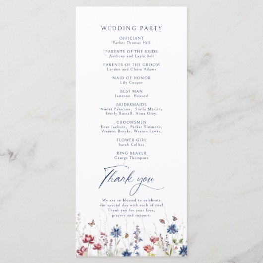 Navy Blue Watercolor Wildflower Rustic Wedding Menu (Achterkant)