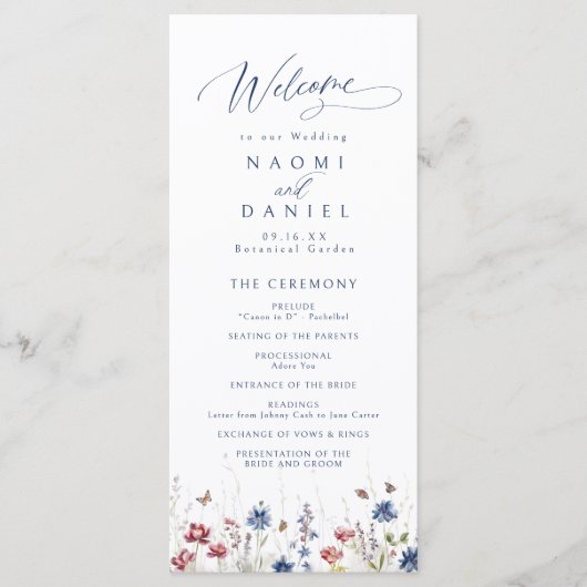 Navy Blue Watercolor Wildflower Rustic Wedding Menu (Voorkant)