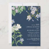 Navy blue watercolor wildflowers classic wedding kaart (Voorkant)