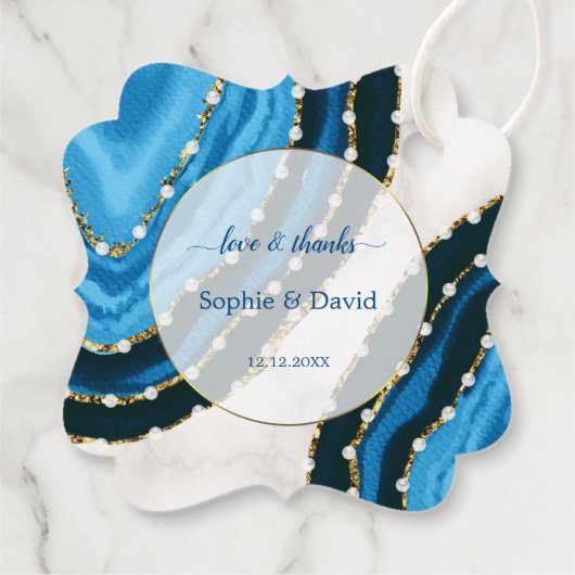 Navy Blue Waterverf Agate Pearls Wedding Bedankjes Labels (Achterkant)