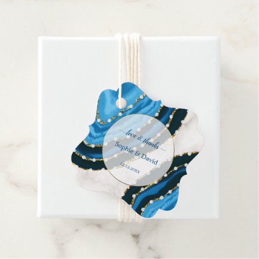 Navy Blue Waterverf Agate Pearls Wedding Bedankjes Labels (In situ)