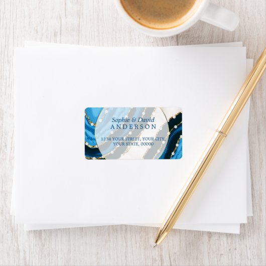 Navy Blue Waterverf Agate Pearls Wedding Etiket (Insitu)