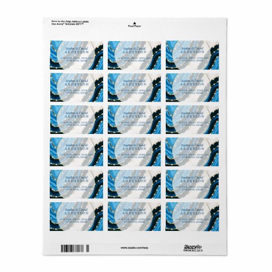 Navy Blue Waterverf Agate Pearls Wedding Etiket (Full Sheet)