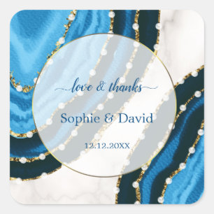Navy Blue Waterverf Agate Pearls Wedding Vierkante Sticker