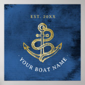 Navy Blue Waterverf Anchor Nautical Add Boat Name Poster (Voorkant)
