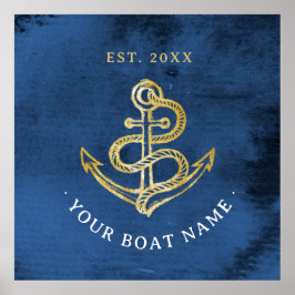 Navy Blue Waterverf Anchor Nautical Add Boat Name Poster