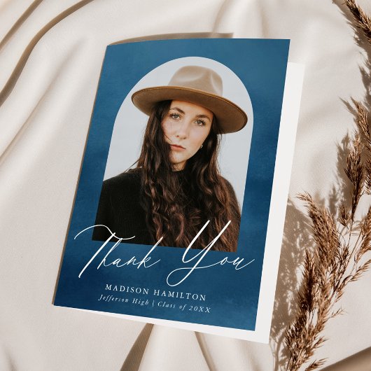 Navy Blue Waterverf Arch Foto Afstuderen Bedankkaart