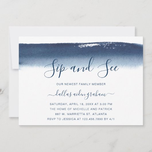 Navy Blue Waterverf Baby Boy Sip and See Kaart (Voorkant)