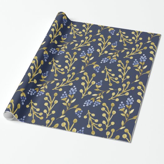 Navy Blue Waterverf Berry Floral Cadeaupapier (Uitgerold)