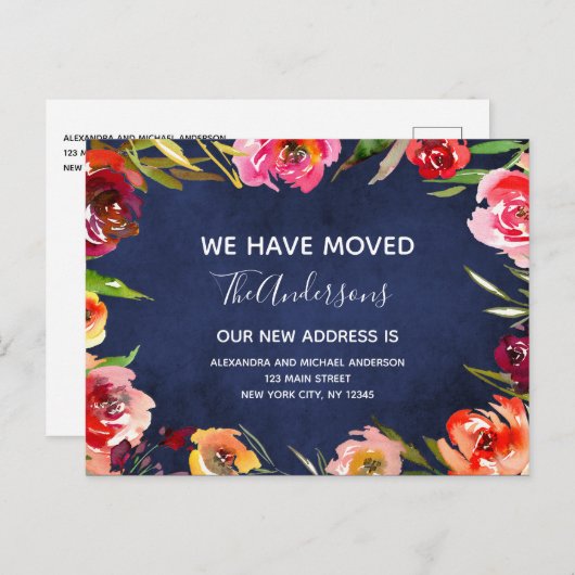 Navy Blue Waterverf Bloemen Bewegende Aankondiging (Voorkant / Achterkant)