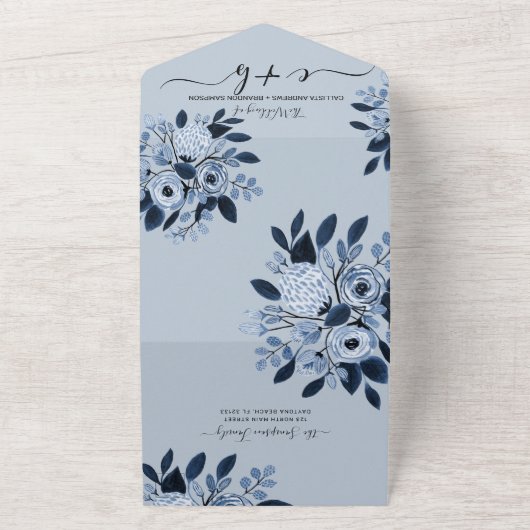Navy Blue Waterverf Bloemen Foto Huwelijk RSVP All All In One Uitnodiging (Buitenkant)