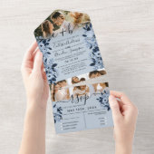 Navy Blue Waterverf Bloemen Foto Huwelijk RSVP All All In One Uitnodiging (Afscheurbaar)