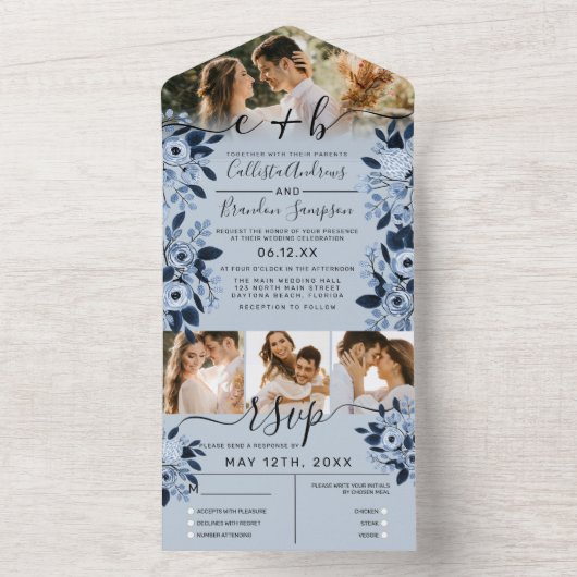 Navy Blue Waterverf Bloemen Foto Huwelijk RSVP All All In One Uitnodiging (Binnen)