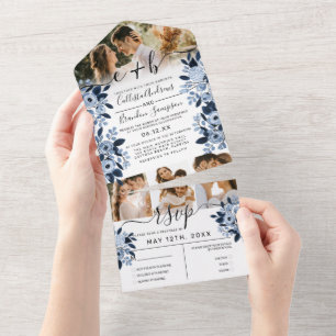 Navy Blue Waterverf Bloemen Foto Huwelijk RSVP All In One Uitnodiging