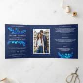 Navy Blue Waterverf Bloemen Trouwfoto Drieluik Uitnodiging (Binnen)