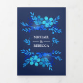 Navy Blue Waterverf Bloemen Trouwfoto Drieluik Uitnodiging (Cover)