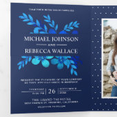 Navy Blue Waterverf Bloemen Trouwfoto Drieluik Uitnodiging (Binnenzijde eerst)