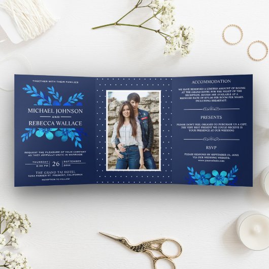 Navy Blue Waterverf Bloemen Trouwfoto Drieluik Uitnodiging
