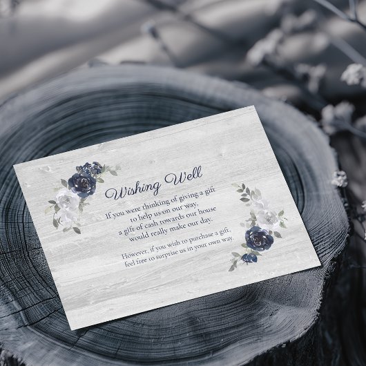 Navy Blue Waterverf Bloemen Wishing Well Bruiloft Informatiekaartje
